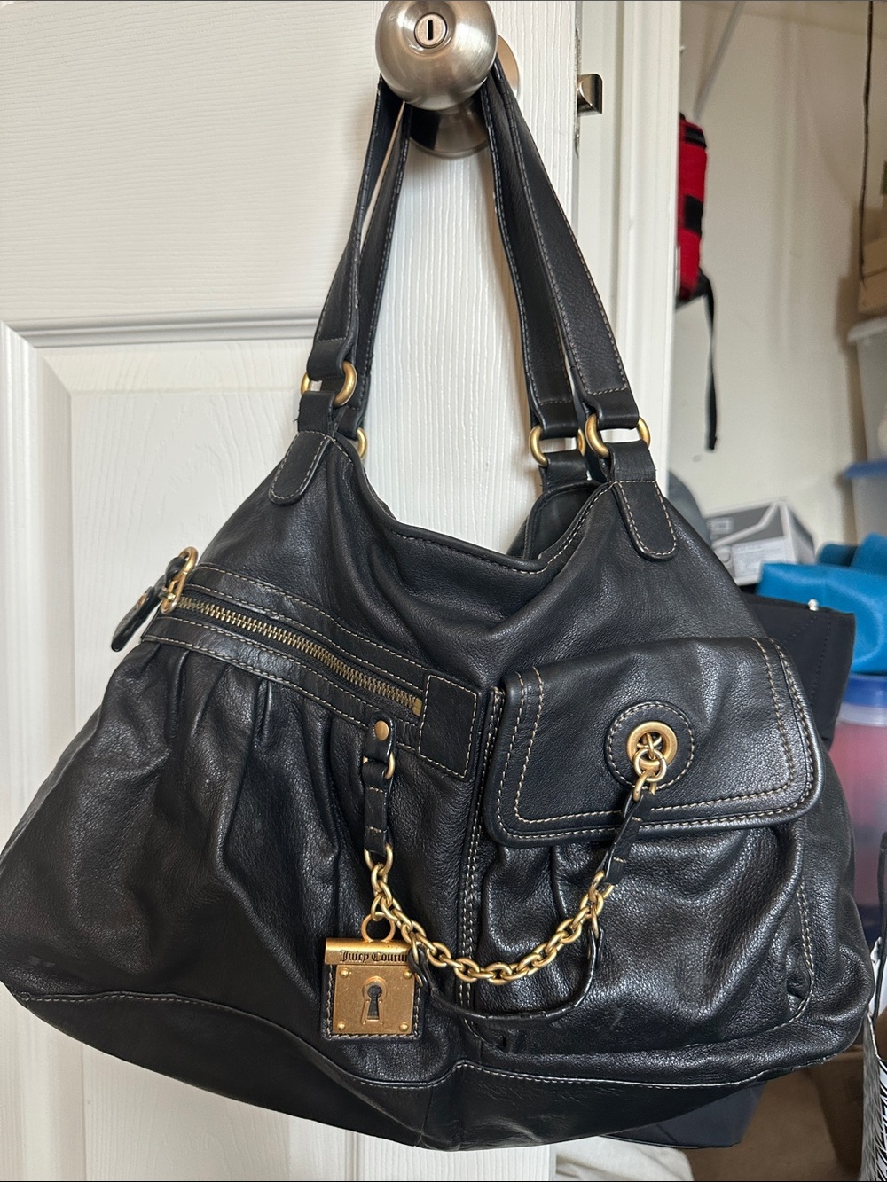 Vintage Juicy Couture Black Leather Hobo Bag Padlock Heart Mirror Y2K
